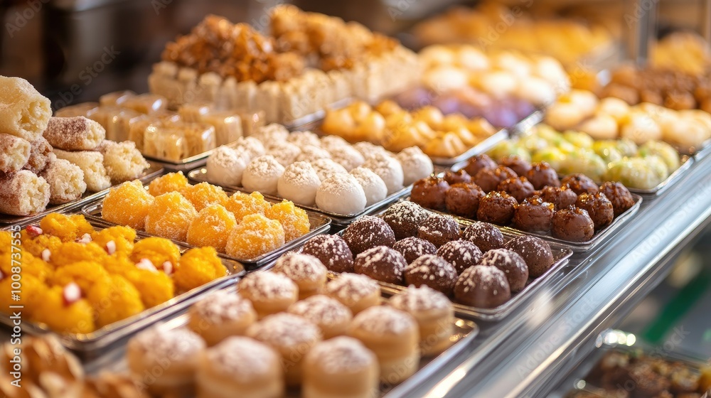 Close-up of a restaurant counter displaying South Asian sweets and desserts. No people, copy space available Close-up of a restaurant counter displaying South Asian sweets and desserts. No people, copy space available