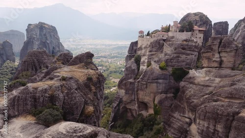 Aerial drone shot of Meteora monasteries in Greece