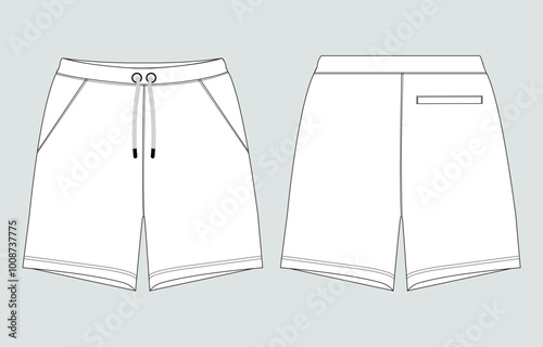 Sweat Shorts pant Technical drawing fashion flat sketch vector Illustration template front and back views.
