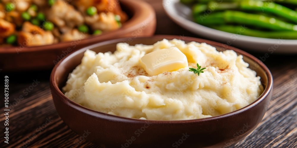 Steaming mashed potatoes with a pat of melting butter on top, alongside classic Thanksgiving sides like green beans and stuffing Steaming mashed potatoes with a pat of melting butter on top, alongside classic Thanksgiving sides like green beans and stuffing