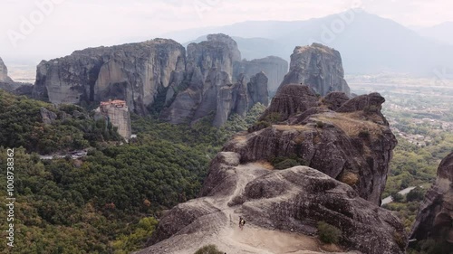 Aerial drone shot of Meteora monasteries in Greece