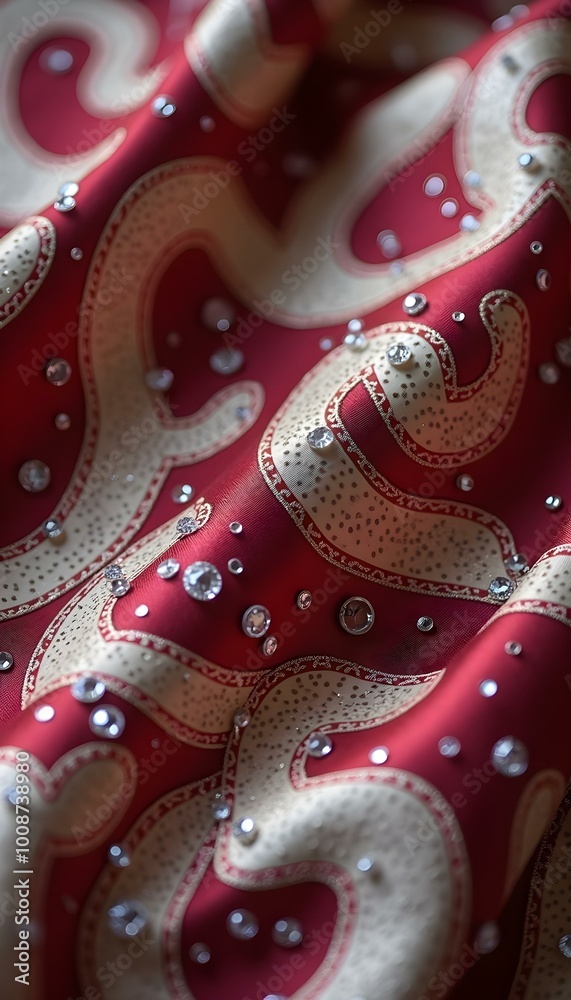 The bright red fabric features intricate golden patterns and shimmering embellishments The bright red fabric features intricate golden patterns and shimmering embellishments
