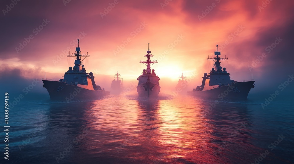 Silhouettes of warships at sunset. Perfect for themes of power, military, or strength. Silhouettes of warships at sunset. Perfect for themes of power, military, or strength.