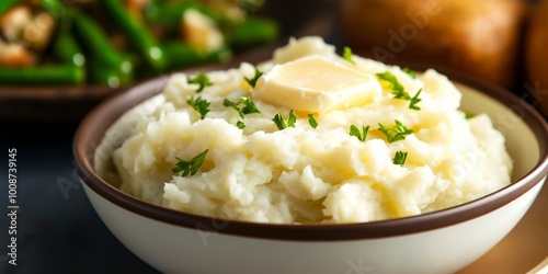 Steaming mashed potatoes with a pat of melting butter on top, alongside classic Thanksgiving sides like green beans and stuffing