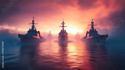 Silhouettes of warships at sunset. Perfect for themes of power, military, or strength.