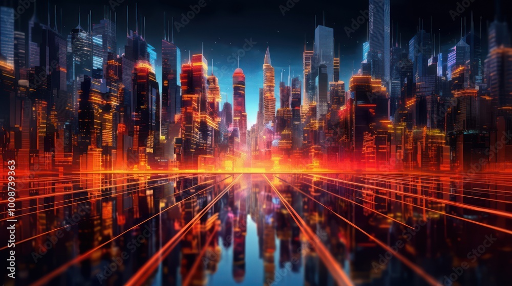 Naklejka premium A futuristic cityscape with glowing skyscrapers and red neon lig
