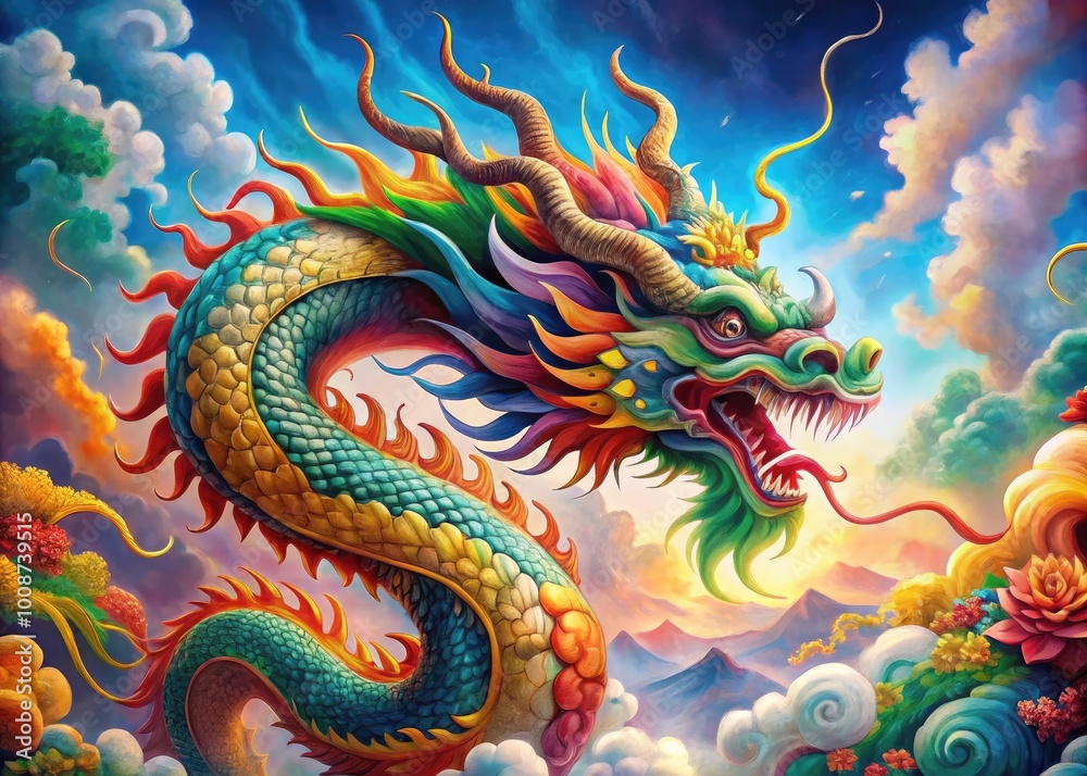 Vibrant Chinese Dragon Watercolor Illustration with Intricate Details and Bold Color Palette Design