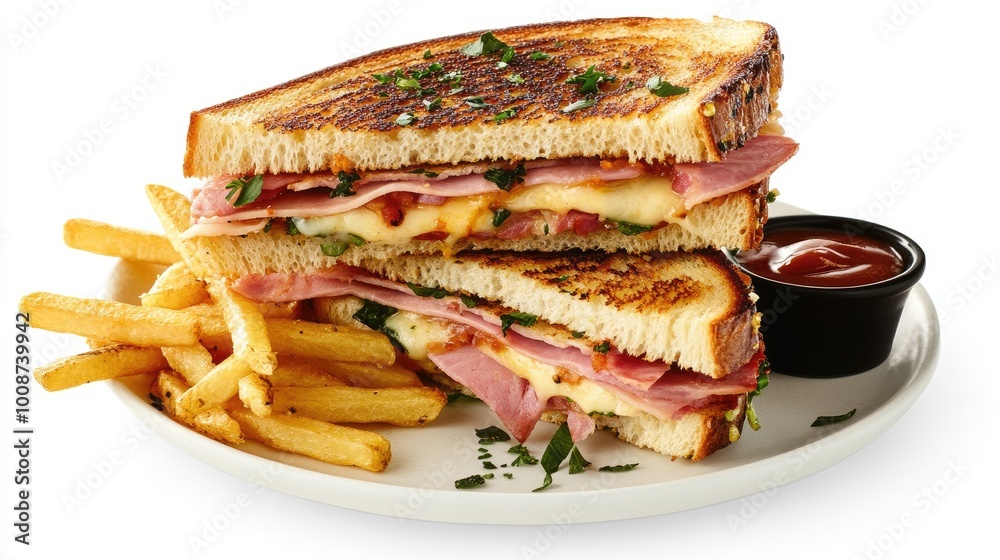 Grilled Sandwich with Ham and Fries on a Plate Grilled Sandwich with Ham and Fries on a Plate