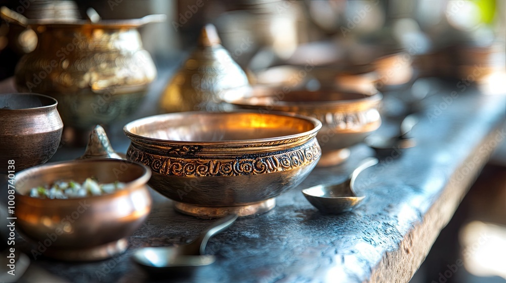 Close-up of traditional South Asian utensils and serving dishes on a restaurant table. No people, copy space available