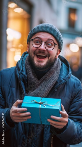 a real portrait a 35 years old man smilling surprised receiving a blue box as gift