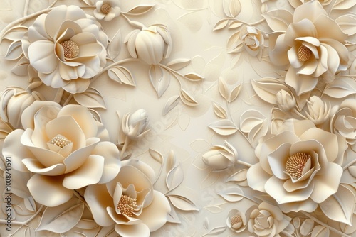 Elegant floral texture with creamy beige roses and leaves on a soft background