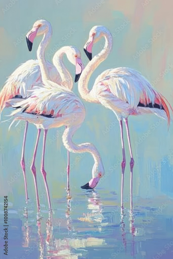 Obraz premium A serene depiction of four elegant flamingos wading in calm water, showcasing their beauty.