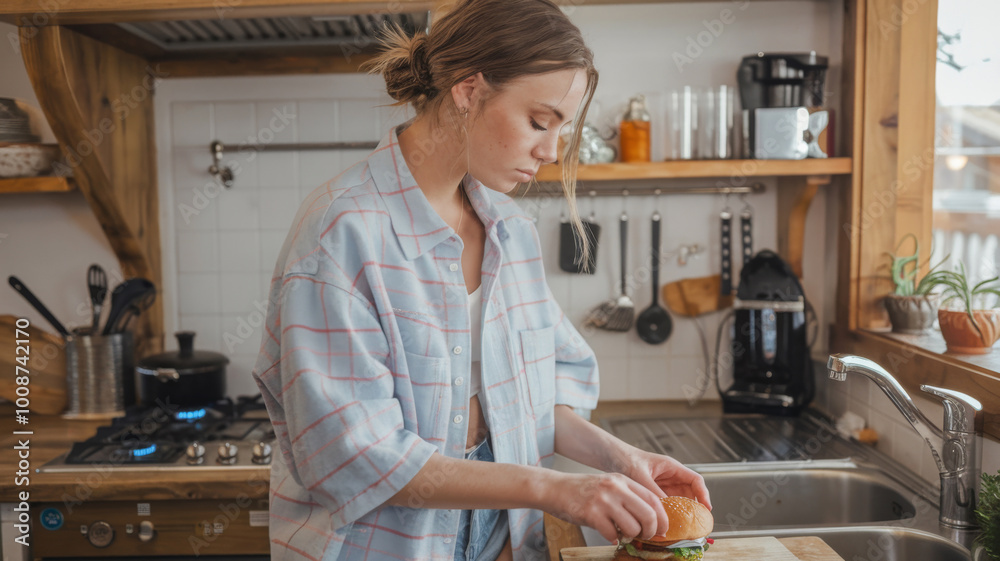Woman in a pink shirt making a burger in a cozy kitchen. The background is a wooden interior with kitchen utensils. Concept of home cooking. Woman in a pink shirt making a burger in a cozy kitchen. The background is a wooden interior with kitchen utensils. Concept of home cooking.
