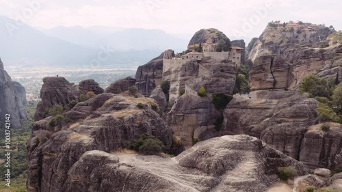 Aerial drone shot of Meteora monasteries in Greece