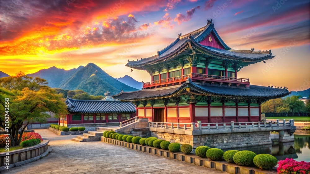 Naklejka premium Vibrant Colors of Korea: Scenic Landscapes, Traditional Architecture, and Cultural Elements Captured