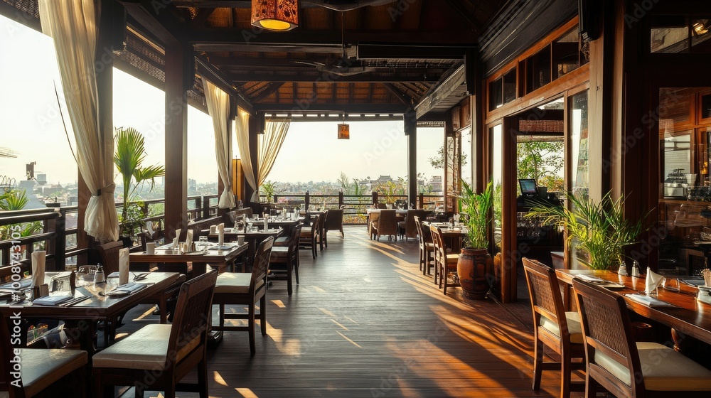 Fototapeta premium Interior of a rooftop South Asian restaurant with panoramic views and elegant seating. No people, copy space available