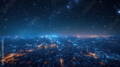 Starry Night Over Illuminated Metropolitan City