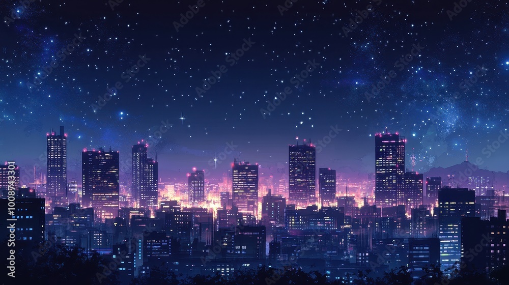 Vibrant Cityscape Under a Starry Night Sky Vibrant Cityscape Under a Starry Night Sky