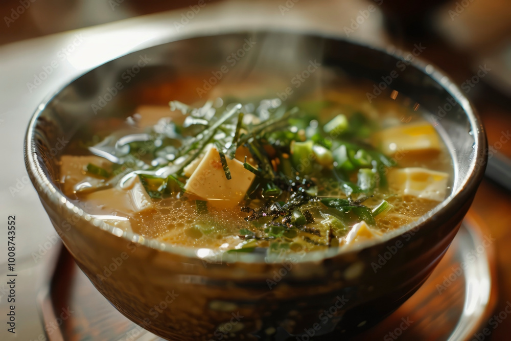 Miso soup in a bowl, hot. Generative AI