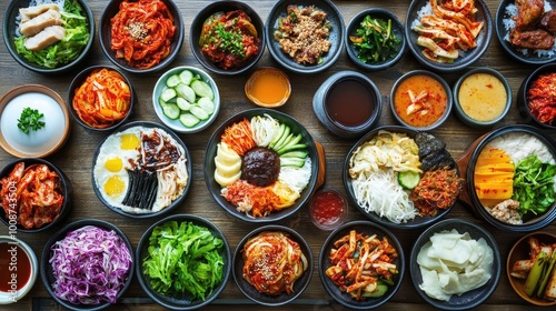 Colorful Array of Korean Dishes on Wooden Table