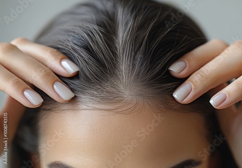 A woman with elegant white nails massages her scalp in a serene indoor setting