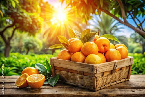 Vibrant Cuba Oranges in a Wooden Basket Surrounded by Tropical Greenery and Bright Sunlight