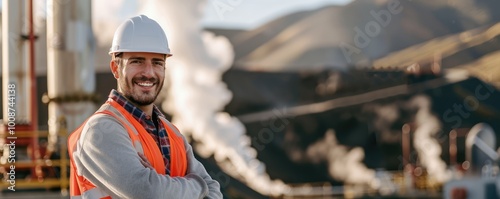 A smiling male worker wearing a white helmet and a reflective vest, with industrial equipment in the background.