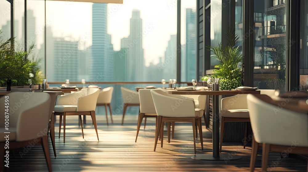 Obraz premium Modern South Asian rooftop restaurant with elegant seating and city views. No people, copy space available