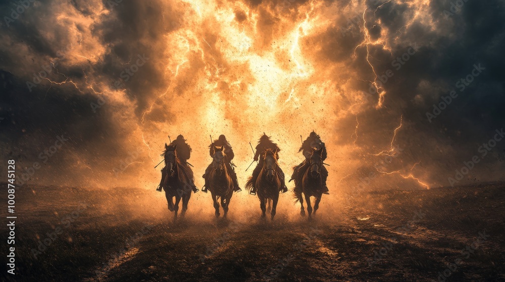 Four majestic horsemen ride forward against a backdrop of fierce storms and explosive light, symbolizing the chaos and upheaval of their mythic legend