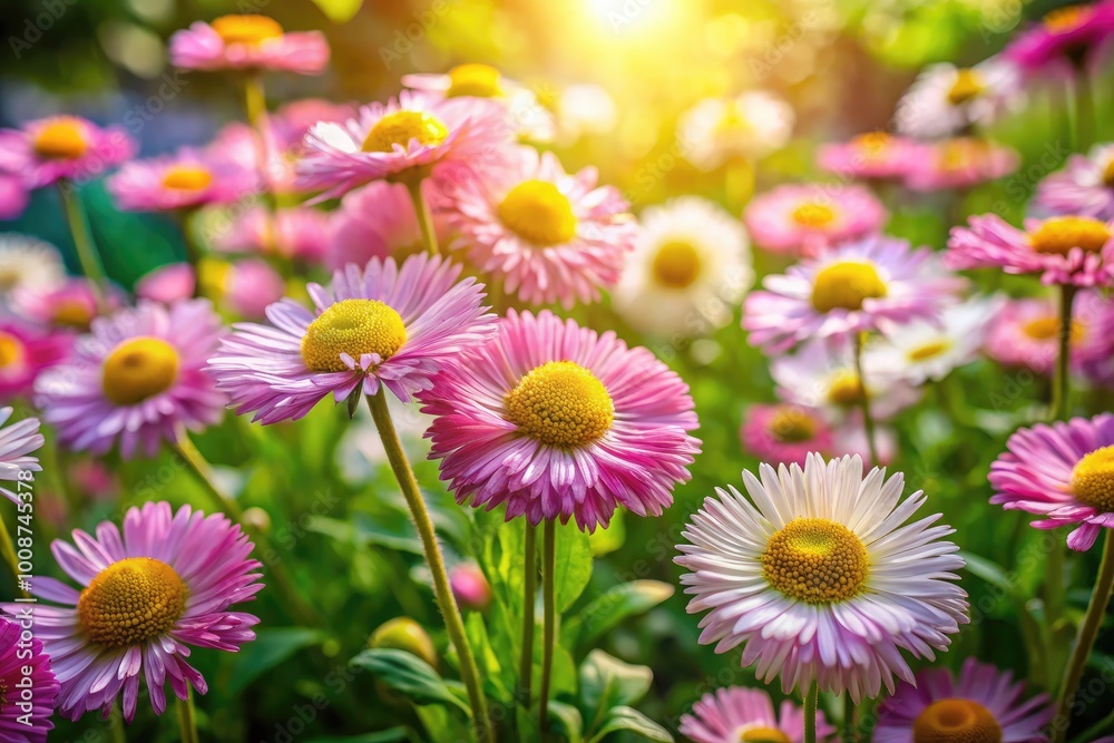 Vibrant Erigeron Flowers Blooming in a Garden Under Bright Sunshine with Lush Green Foliage Vibrant Erigeron Flowers Blooming in a Garden Under Bright Sunshine with Lush Green Foliage