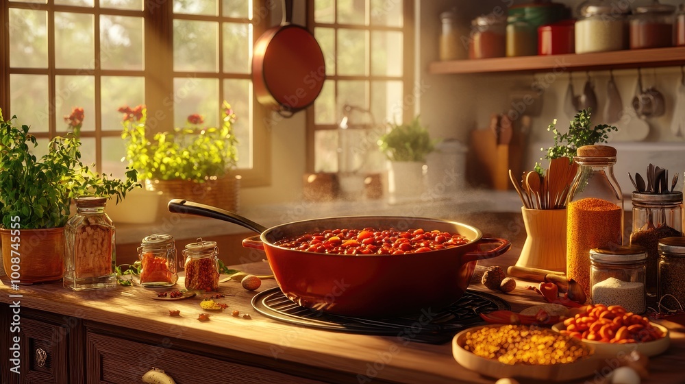 Cozy Kitchen with Cooking Pot and Fresh Ingredients Cozy Kitchen with Cooking Pot and Fresh Ingredients