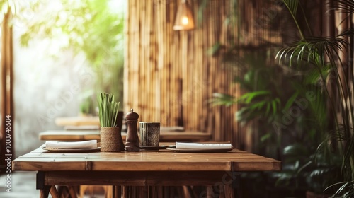 Rustic South Asian restaurant with bamboo decor and earthy tones. No people, copy space available