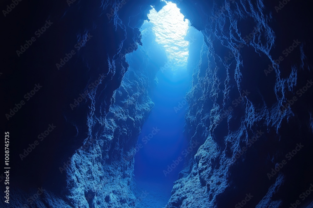 Obraz premium A dark underwater canyon with light. Perfect for depicting mystery, depth, and exploration.