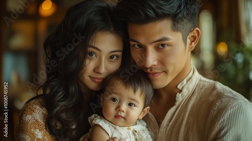 A young Asian couple holding their baby girl in a warm, cozy setting.