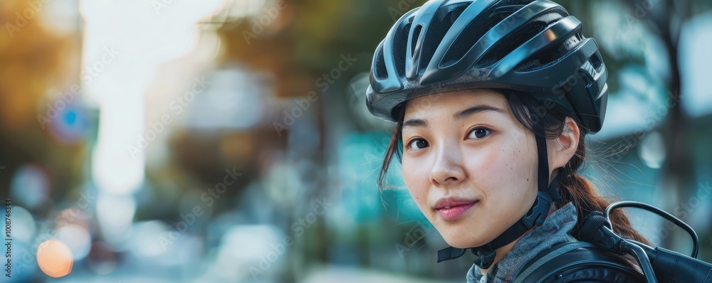 A close-up portrait of a young woman wearing a cycling helmet, looking into the camera on a sunny day. A close-up portrait of a young woman wearing a cycling helmet, looking into the camera on a sunny day.