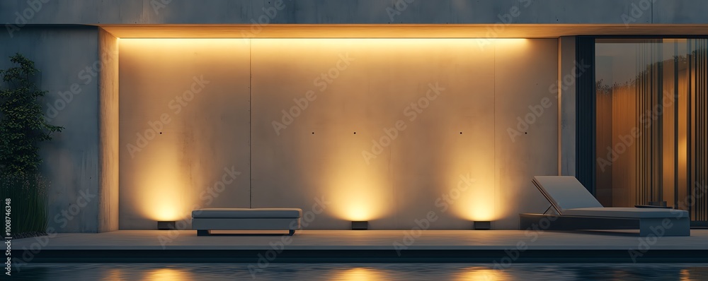 Rear view of a luxurious minimalist living space, innovative ambient lighting softly illuminating sleek furniture, serene atmosphere, modern elegance Rear view of a luxurious minimalist living space, innovative ambient lighting softly illuminating sleek furniture, serene atmosphere, modern elegance
