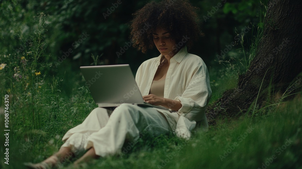 A young woman with curly hair sits comfortably on the grass, using her laptop outdoors, embodying the spirit of a freelancer engaged in online education while enjoying nature A young woman with curly hair sits comfortably on the grass, using her laptop outdoors, embodying the spirit of a freelancer engaged in online education while enjoying nature