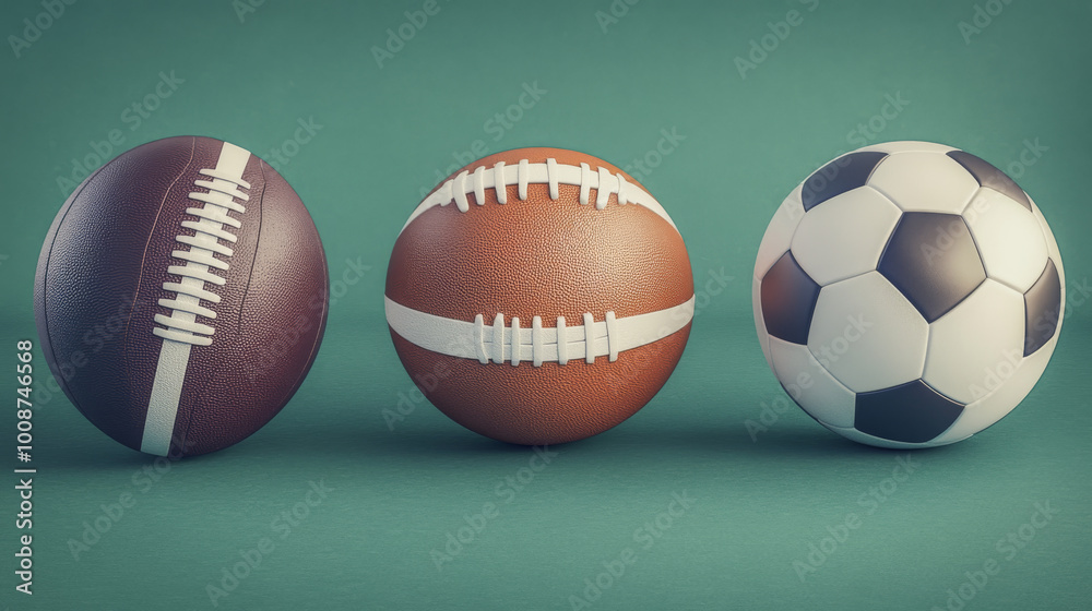 Silhouettes of different sports balls: American football, Rugby ball, Soccer ball. Silhouettes of different sports balls: American football, Rugby ball, Soccer ball.