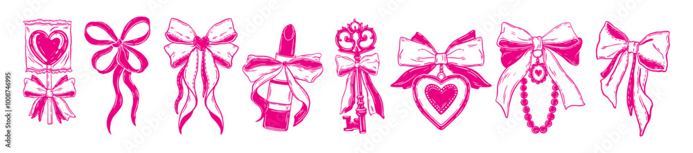 Pink ribbon bow icon set, vector hand drawn coquettish girly knot, romantic female accessories key. Cute Valentine heart decor, elegant retro feminine doodle, vintage love clipart. Ribbon bow print Pink ribbon bow icon set, vector hand drawn coquettish girly knot, romantic female accessories key. Cute Valentine heart decor, elegant retro feminine doodle, vintage love clipart. Ribbon bow print