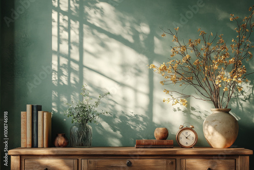 A sideboard with books, vases, and other decorative items on top of it, set against an empty wall in the background. The focus is on the cabinet's design and details. In front