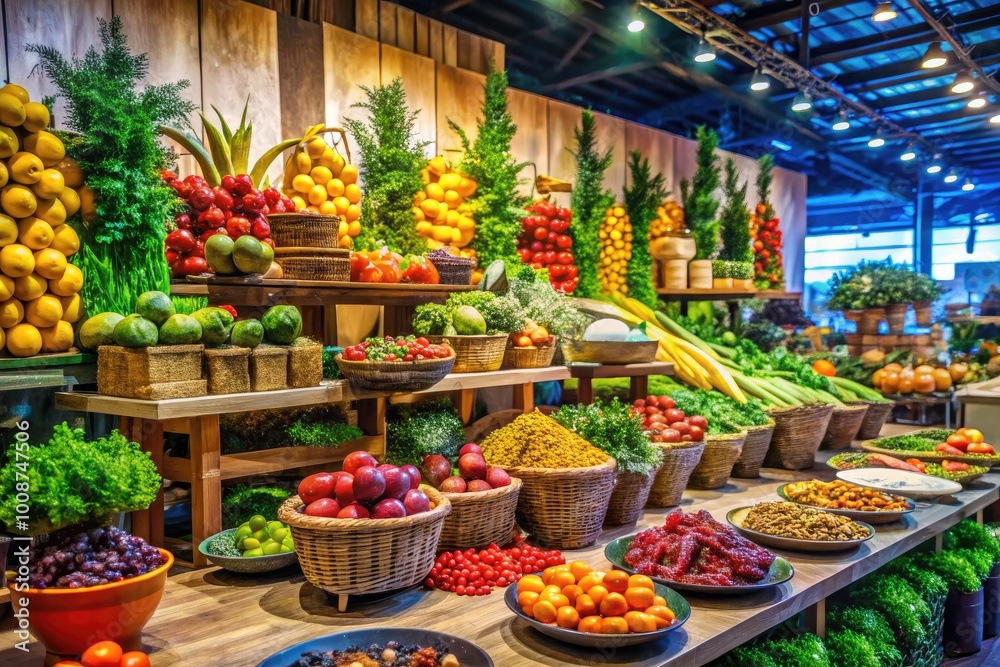 Vibrant Food Trade Show Display Featuring Gourmet Products, Fresh Ingredients, and Culinary Delights Vibrant Food Trade Show Display Featuring Gourmet Products, Fresh Ingredients, and Culinary Delights