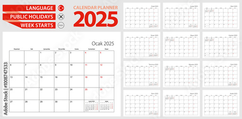 Turkish calendar planner for 2025. Turkish language, week starts from Monday.