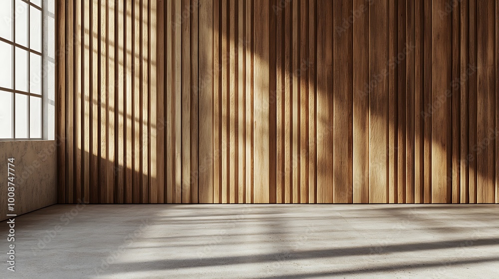 Wall with wood background. Panels with wood texture. Vertical slats in the interior design of an empty studio room. 3D architecture with window shadow overlay. Wall with wood background. Panels with wood texture. Vertical slats in the interior design of an empty studio room. 3D architecture with window shadow overlay.