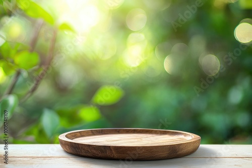 Empty wooden plate on white table over blur green trees nature with bokeh background, Blank wood dish for food display montage banner template, muck up, poster, wallpaper - generative ai