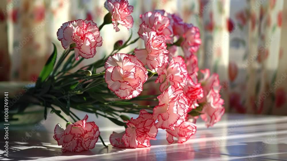 A bouquet of pink carnations rests on a table near a window A bouquet of pink carnations rests on a table near a window