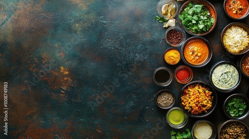 Top view of a vibrant South Asian restaurant table with a variety of dishes and condiments. No people, copy space available