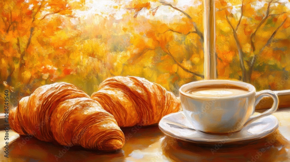 A cozy breakfast scene with a cup of coffee and freshly baked croissants placed by a window, bathed in soft sunlight for a relaxing morning. A cozy breakfast scene with a cup of coffee and freshly baked croissants placed by a window, bathed in soft sunlight for a relaxing morning.