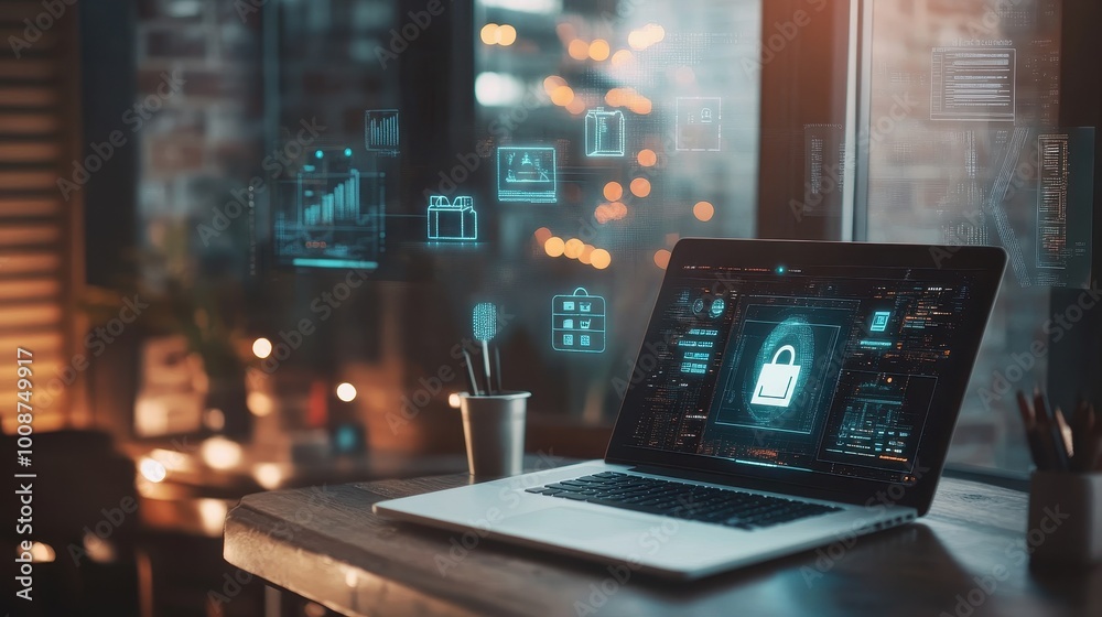 Fototapeta premium Cybersecurity Laptop on Office Desk with Digital Security Icons