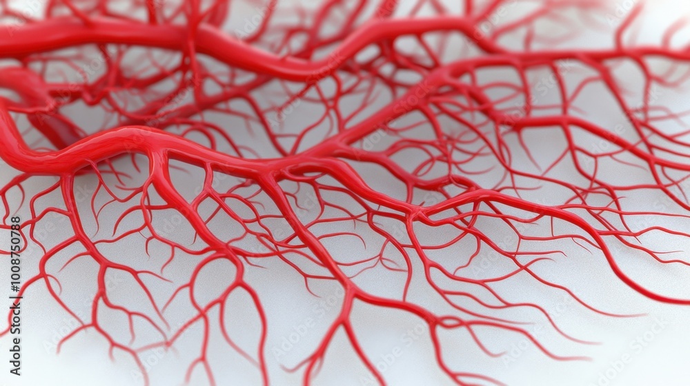 A detailed 3D illustration of human blood vessels anatomy, showcasing the intricate network of arteries and veins, ideal for educational and medical concepts. A detailed 3D illustration of human blood vessels anatomy, showcasing the intricate network of arteries and veins, ideal for educational and medical concepts.