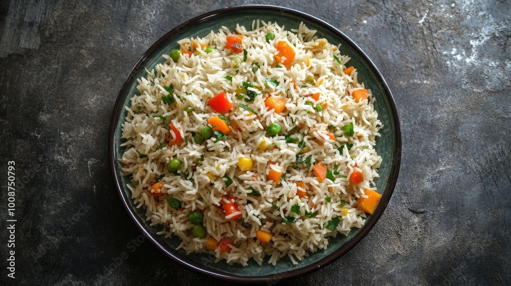 Top view of colorful vegetable pulao served on a plate, a healthy South Asian children's meal Top view of colorful vegetable pulao served on a plate, a healthy South Asian children's meal